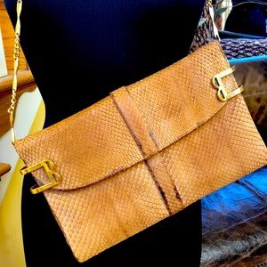 BILLER Vintage Brown Snakeskin & Leather Bag w Gold Chain Strap